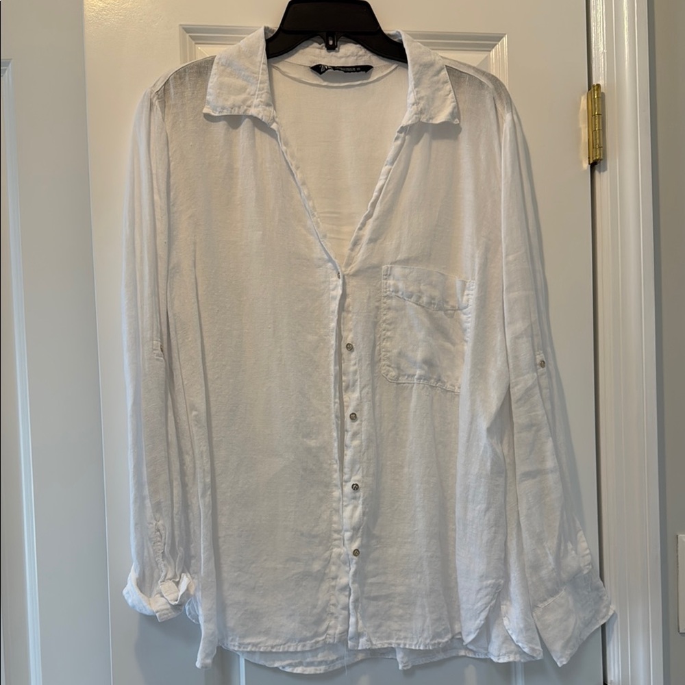 Zara Linen White Button-Up Shirt